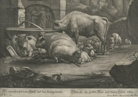 Large Antique Engraving of a Pastoral Scene with Cows and Sheep, c.1770, close-up 3