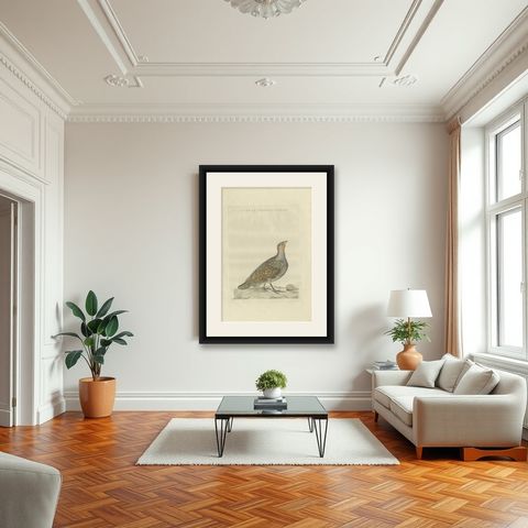 Antique Bird Print of a Female Grey Partridge by Sepp & Nozeman, 1789, shown framed in a room