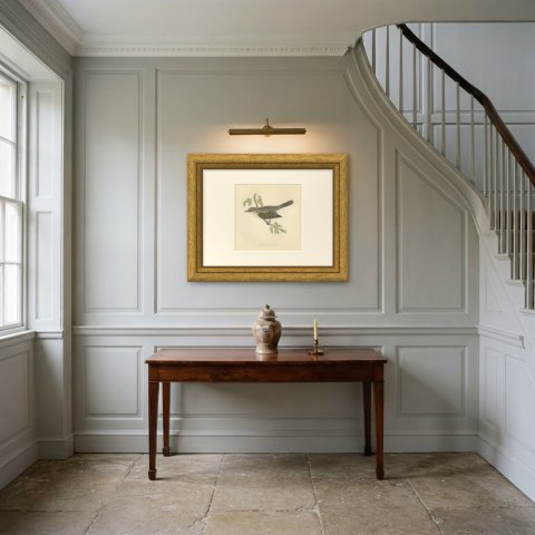 Lesser Whitethroat on a Slender Branch, Antique Morris Bird Print, 1896, shown framed in a room