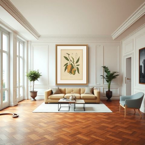 Antique Mango Botanical Chromolithograph by Hoola van Nooten, c. 1880, shown framed in a room