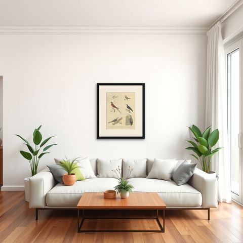 Antique Hummingbirds & Treecreepers Lithograph by Karl Joseph Brodtmann, 1816, shown framed in a room