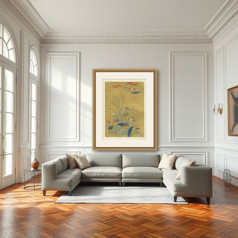 Japanese Floral Meadow on Golden Backdrop: Antique Lithograph, 1880s, shown framed in a room