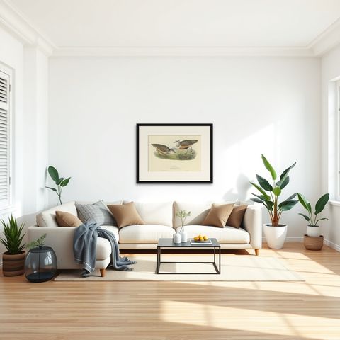 Old Bird Print Depicting the Dotterel Bird by Gould, 1832, shown framed in a room