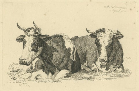 Tranquil Pastoral Scene with Two Resting Cows, by Anthony Oberman in 1810, close-up 4