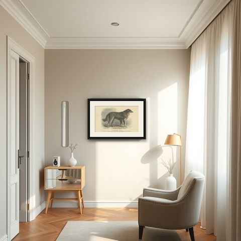 Antique Dog Print of a Rough Collie 'circa 1890', shown framed in a room