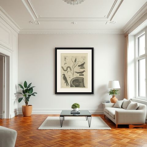 Antique Print of Passerine Birds and Insects, 1797, shown framed in a room