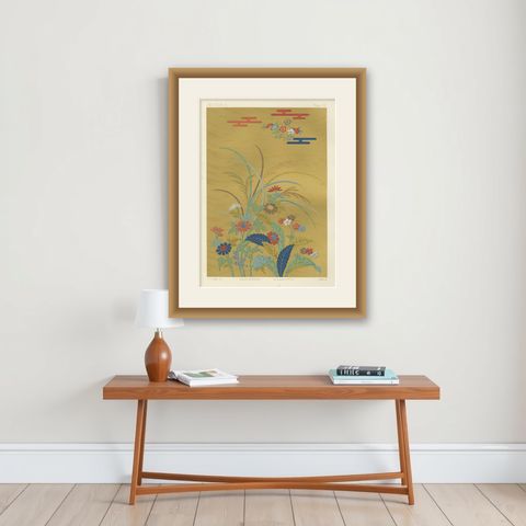 Japanese Floral Meadow on Golden Backdrop: Antique Lithograph, 1880s, shown framed on a wall