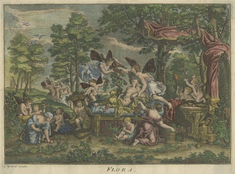 Rare Hand-Colored Antique Engraving of Flora Lying on a Bed Surrounded by Angels, close-up 2