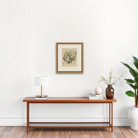 Antique Botanical Print of Thea Chinensis, Hand Colored, c.1831, shown framed on a wall