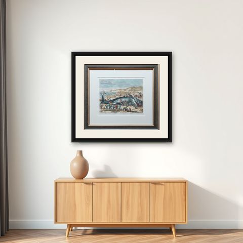 Antique Print of a Beached Whale by Van der Gouwen 'c.1680', shown framed on a wall