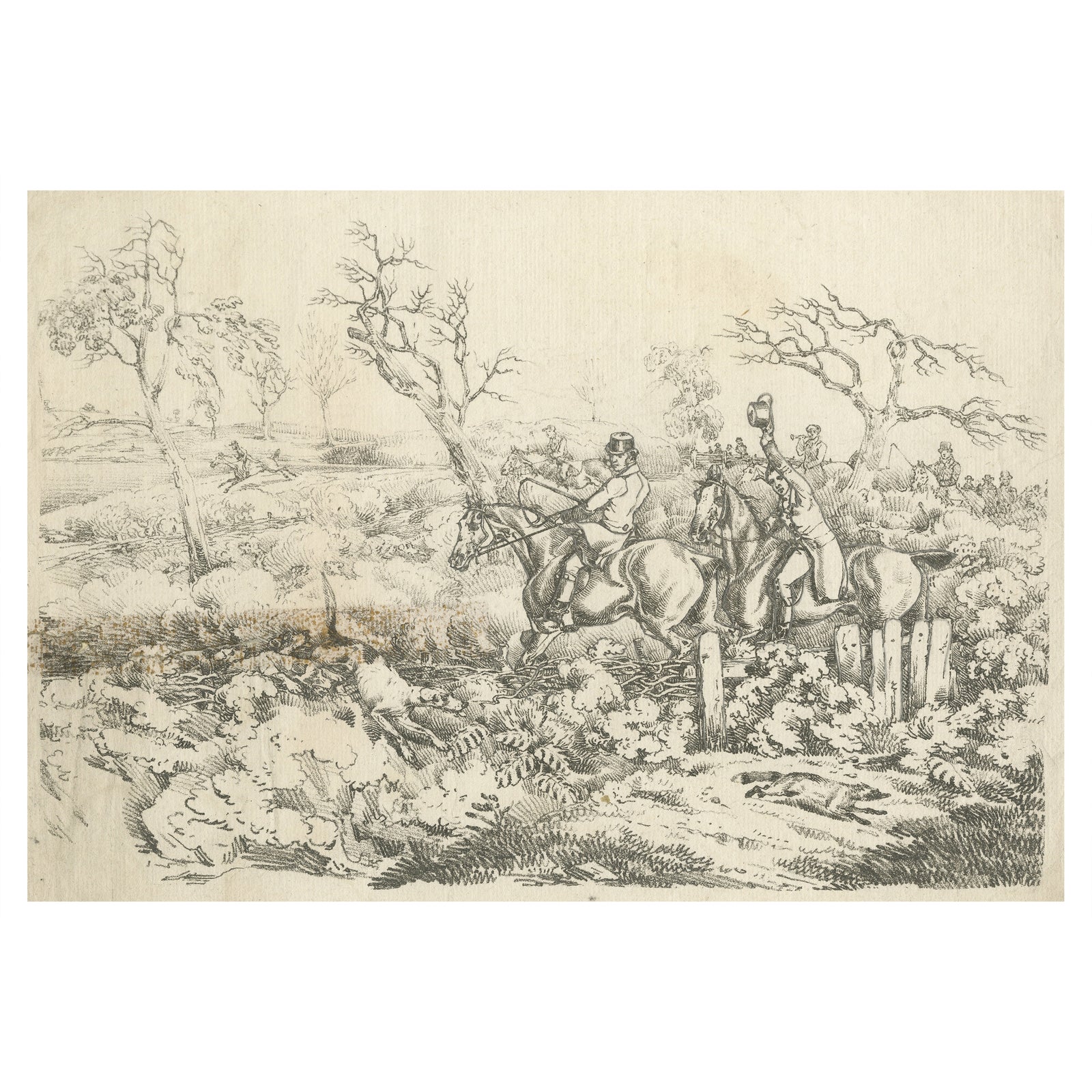 Original Antique Print of Fox Hunting in England, 1817