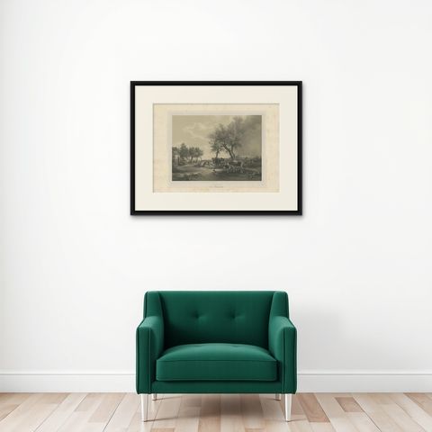Antique Print of a Pasture with Cattle by Neumann 'c.1860', shown framed on a wall