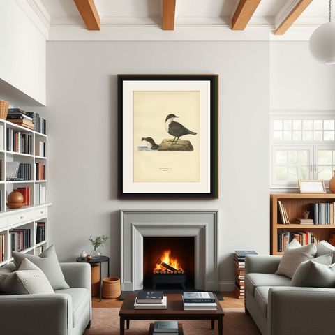 Antique Bird Print of The White-throated Dipper by Von Wright, 1927, shown framed in a room