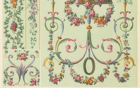 Rococo Floral Garland Design, 18th-Century French Ornament with Doves, 1869, close-up 3