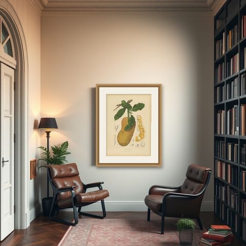 Original Antique Jackfruit Botanical Chromolithograph by Hoola van Nooten, 1880, shown framed in a room
