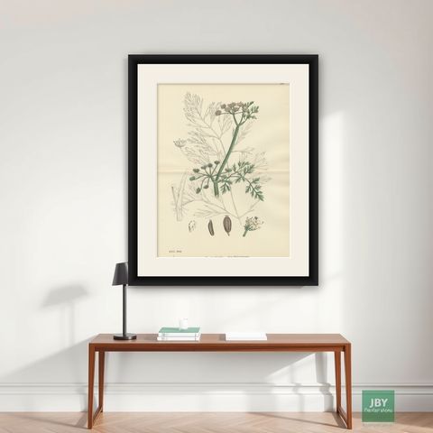 Antique British Botanical Print of River Water-Dropwort, Hand-Colored, c.1902, shown framed on a wall