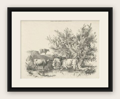 Antique Print of Cattle by Cooper, circa 1839, shown framed