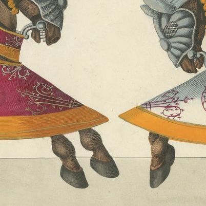 19th-Century Hand-Coloured Knightly Joust: Ornate Armor & Horses in Action, close-up 6