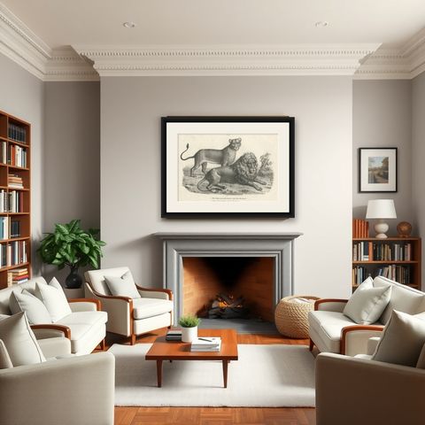 Original Antique Print of a Barbary Lion and Lioness by Brodtmann, shown framed in a room