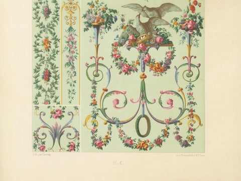 Rococo Floral Garland Design, 18th-Century French Ornament with Doves, 1869, close-up 1