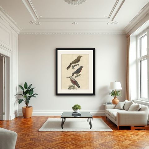Original Old Bird Print of a Woodcreeper, a Flowerpecker and a Wallcreeper, shown framed in a room