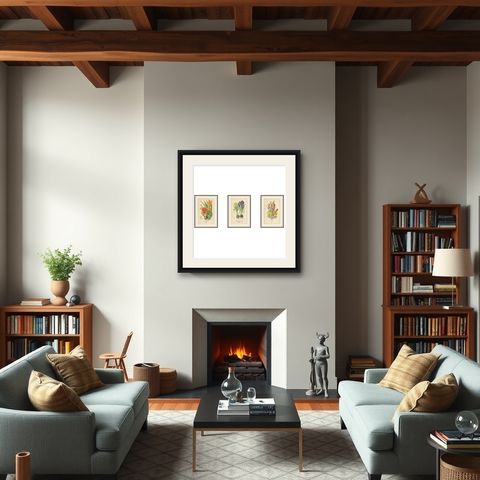 Antique Chromolithographs of Peacock Tiger-Flower, Crocus & Ixia, 1897, shown framed in a room