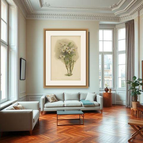 Large Antique Botanical Print, Orchid Dendrobium Melanodiscus, c.1888, shown framed in a room
