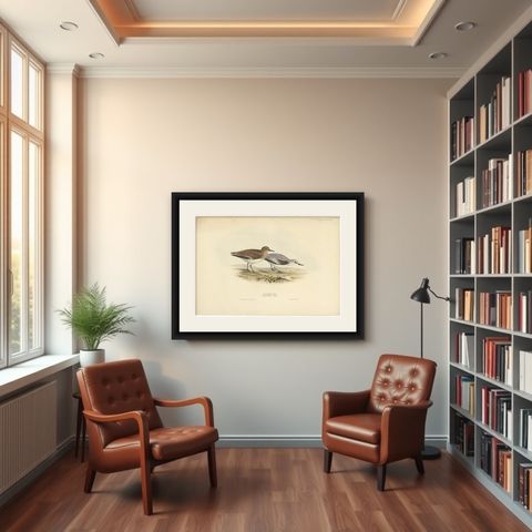 Antique Bird Print of The Sanderling by Gould, 1832, shown framed in a room
