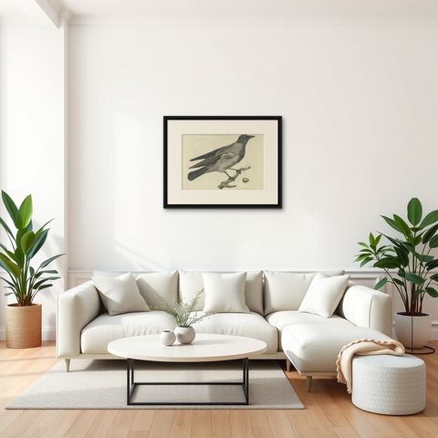 Antique Bird Print of the Hooded Crow by Sepp & Nozeman, 1797, shown framed in a room