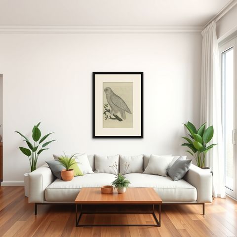 Antique Bird Print of the Snowy Owl by Sepp & Nozeman, 1809, shown framed in a room