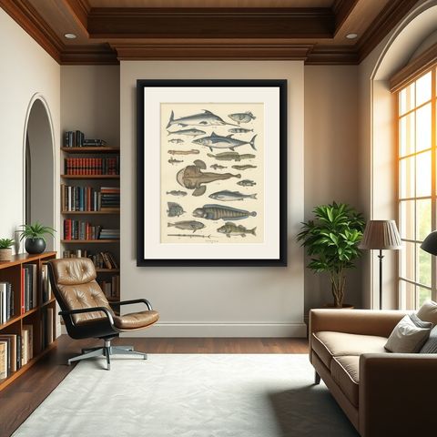 Marine Fish Print: Swordfish, Anglerfish, Tuna & Pipefish, Antique 1867, shown framed in a room