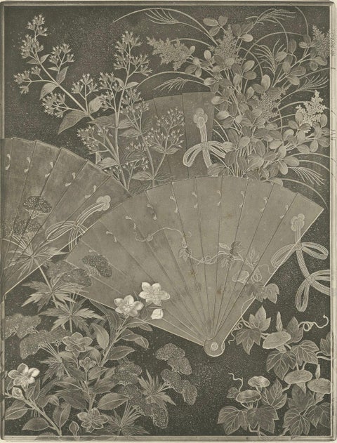 Japanese Fans and Floral Heliogravure Print by G. A. Audsley, Paris, c. 1880, close-up 4