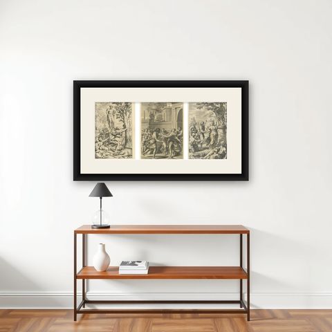 Set of 3 Antique Prints of Mythological Scenes on Lemon Varieties by Ferrari, shown framed on a wall
