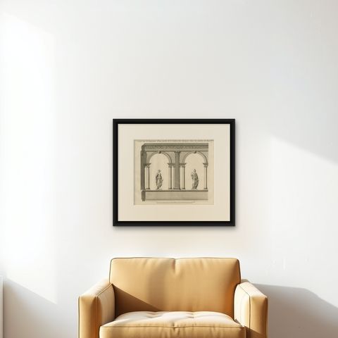 Copper Engraving of a Section of the Royal Botanic Gardens, Kew, London, 1776, shown framed on a wall