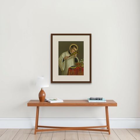 St. Aloysius Gonzaga, Chromolithograph with Crown, Skull and Crucifix, 1899, shown framed on a wall