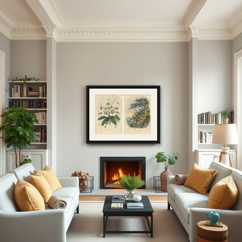 Set of 2 Antique Botany Prints, Rhododendron Dalhousiae, by Van Houtte '1849', shown framed in a room