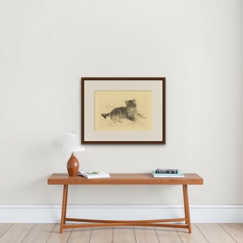 Antique Cat Etching by Kurt Meyer-Eberhardt, Estate Edition, Posthumous 1977, shown framed on a wall