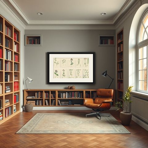 Set of 10 English Botanical Prints 1902, Valerian & Lamb’s-Lettuce, shown framed in a room