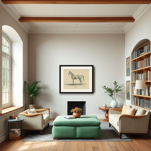 Antique Arabian Horse Lithograph “Burnu” by August Jäger, 1846, shown framed in a room