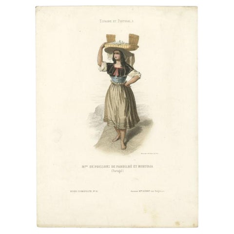 Antique Print of a Woman in Portugal Woman Selling Fish, 1850, view 2