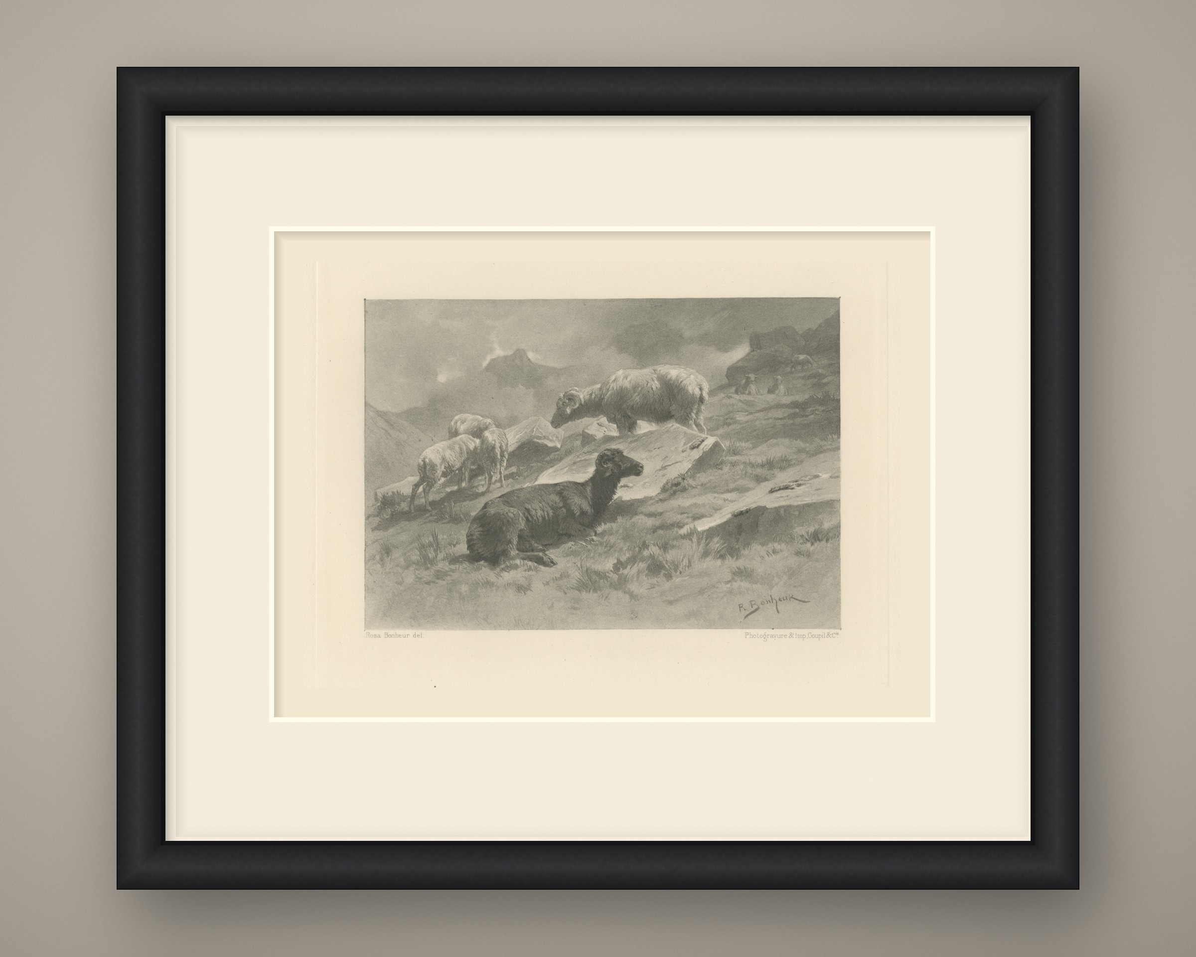 Sheep in a Mountain Landscape after Rosa Bonheur, Photogravure, circa 1880, shown framed