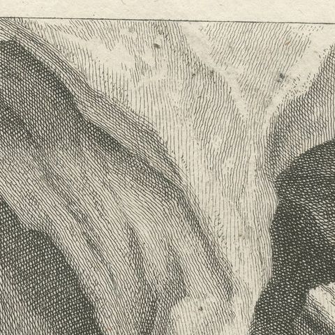Antique Print of a sleeping Lion in a mountainous landscape, close-up 1