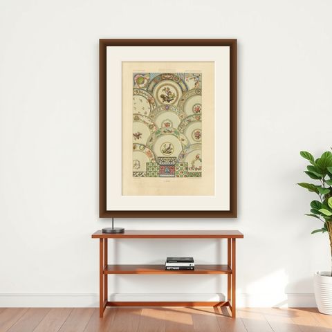 Rococo Ceiling Ornament, 18th-Century Floral and Bird Medallions, Plate XCVIII, shown framed on a wall