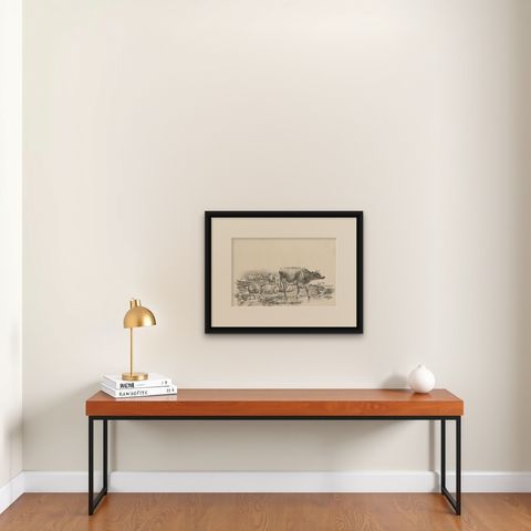 No. 11 Antique Print of Sheep and a Cow by Cooper '1839', shown framed on a wall