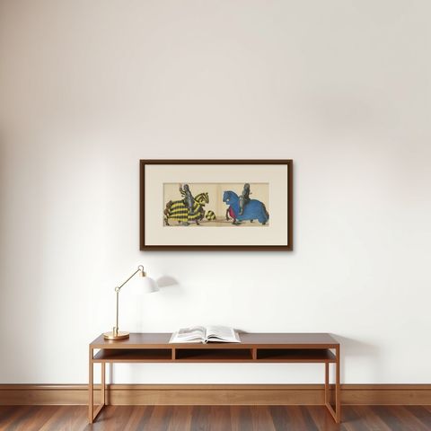 Hand-Coloured Jousting Litho: Knights on Striped and Starry Caparisoned Horses, shown framed on a wall