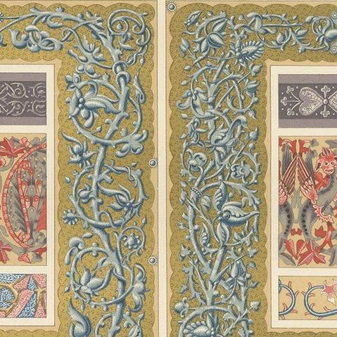 Pl. 57 Antique Print of Middle Ages Plant Motifs by Racinet, circa 1890, close-up 1