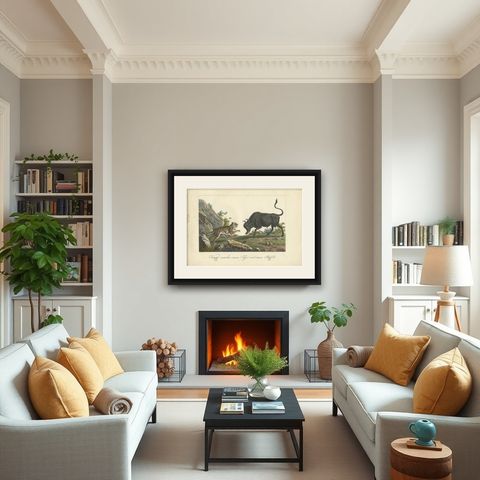 Antique Hand-colored Print of a Fighting Tiger and Buffalo in Indonesia, c.1830, shown framed in a room