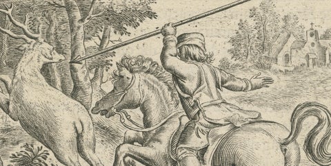 1617 Horse and Deer Engraving by Vondel, Warande der Dieren, close-up 2