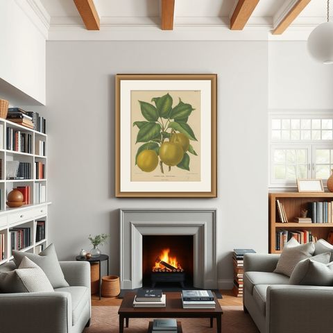 Antique Decorative Print of Japanese Pears, 1879, shown framed in a room