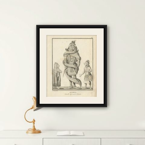 1806 French Print of Quichena: Serpent-Wrapped Deity - Hindu Engraving, shown framed on a wall